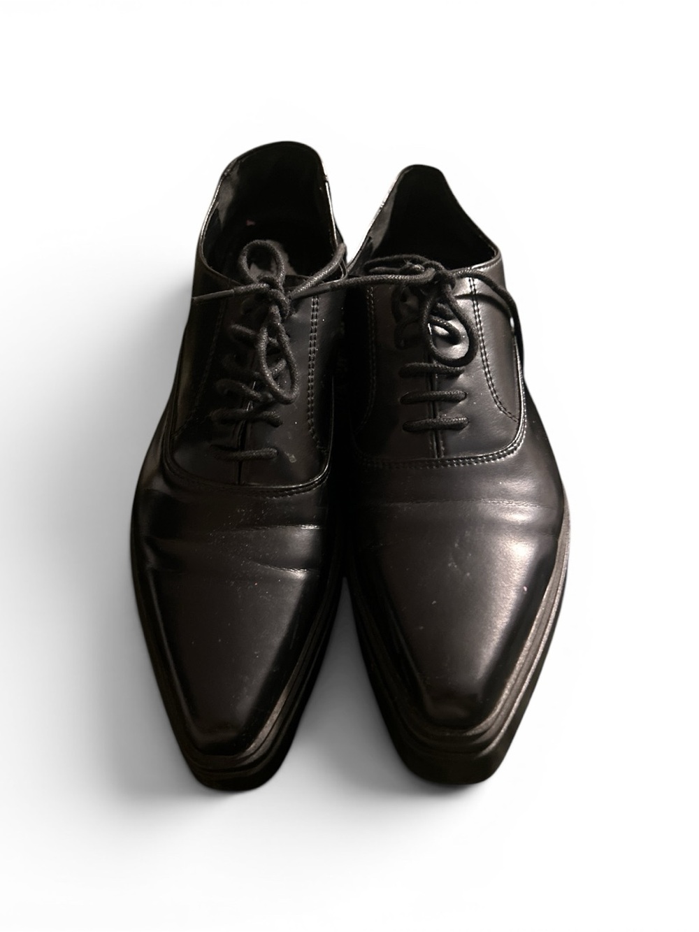 Zara Black Leather Pointed Toe Flats with Lace-Up Detail